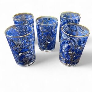 Vintage WV Glass Blue Paisley Gold Rim Cocktail Glasses Set of 5 MCM